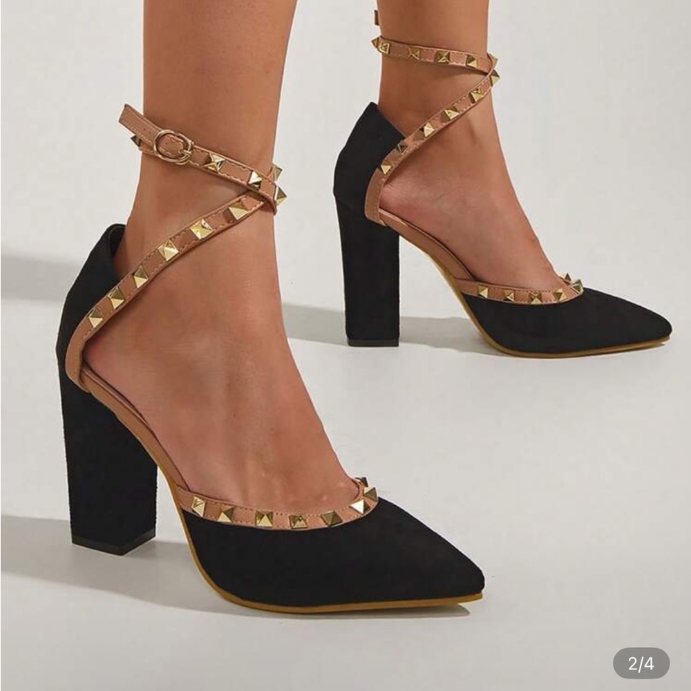 SHEIN Black and Tan Strappy Studded Closed Toe Heels NWOB